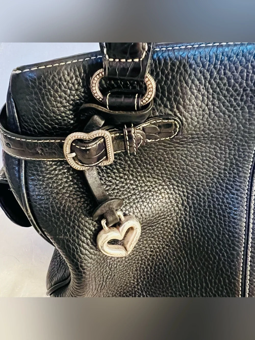 Brighton Black Pebbled Satchel Double Handles Zip Heart Charm Inner Pockets*